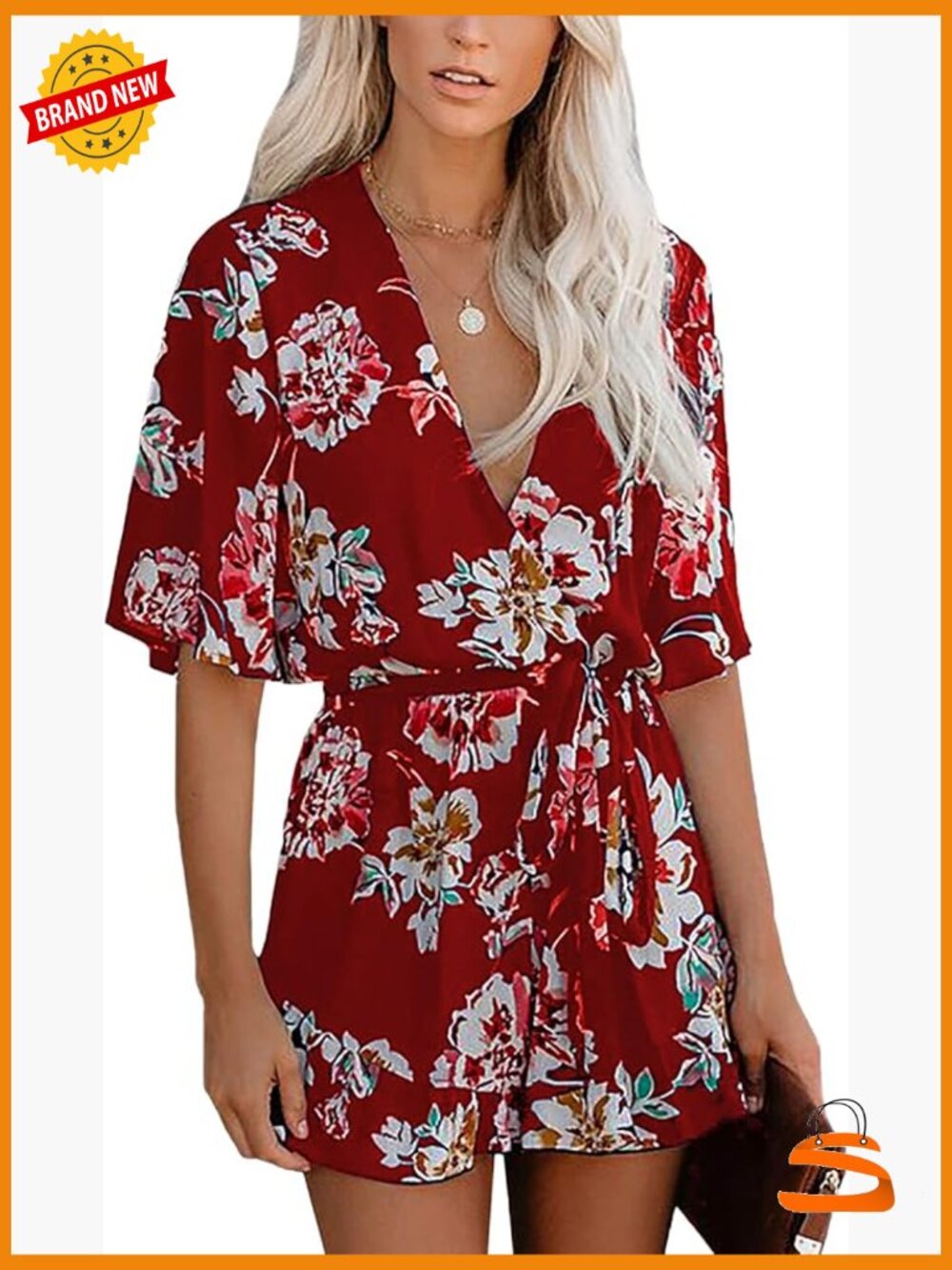V Neck Floral Romper with Tie Waist & Ruffle Hem